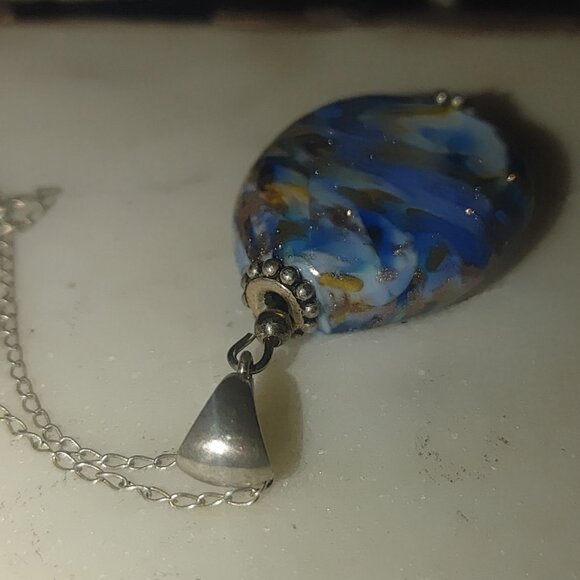 925 Handcrafted Murano Blue Gold Glass Pendant Necklace  Sterling Silver Chain - Picture 9 of 10